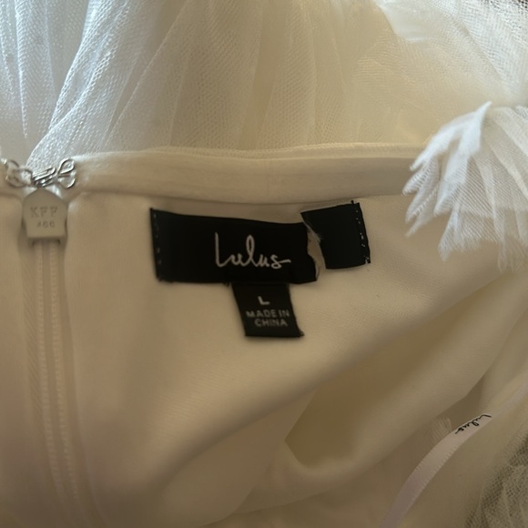 Lulu’s Divine Invitation White Cream Dot Tulle Ruffle Fun Midi Bridal Dress - Picture 9 of 10
